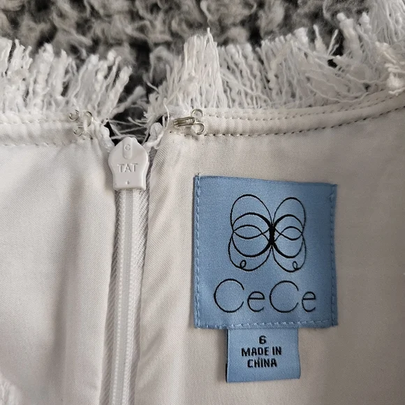 CeCe White Mini Dress Sz 6 M Tweed Sleeveless Black Bow Neck Tie Graduation - Picture 4 of 13